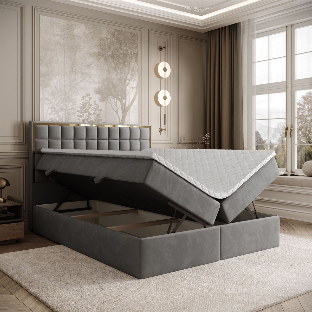 Łóżko kontynentalne ISADORA GOLD, pojemnik na pościel, 180x200, RV 250, topper