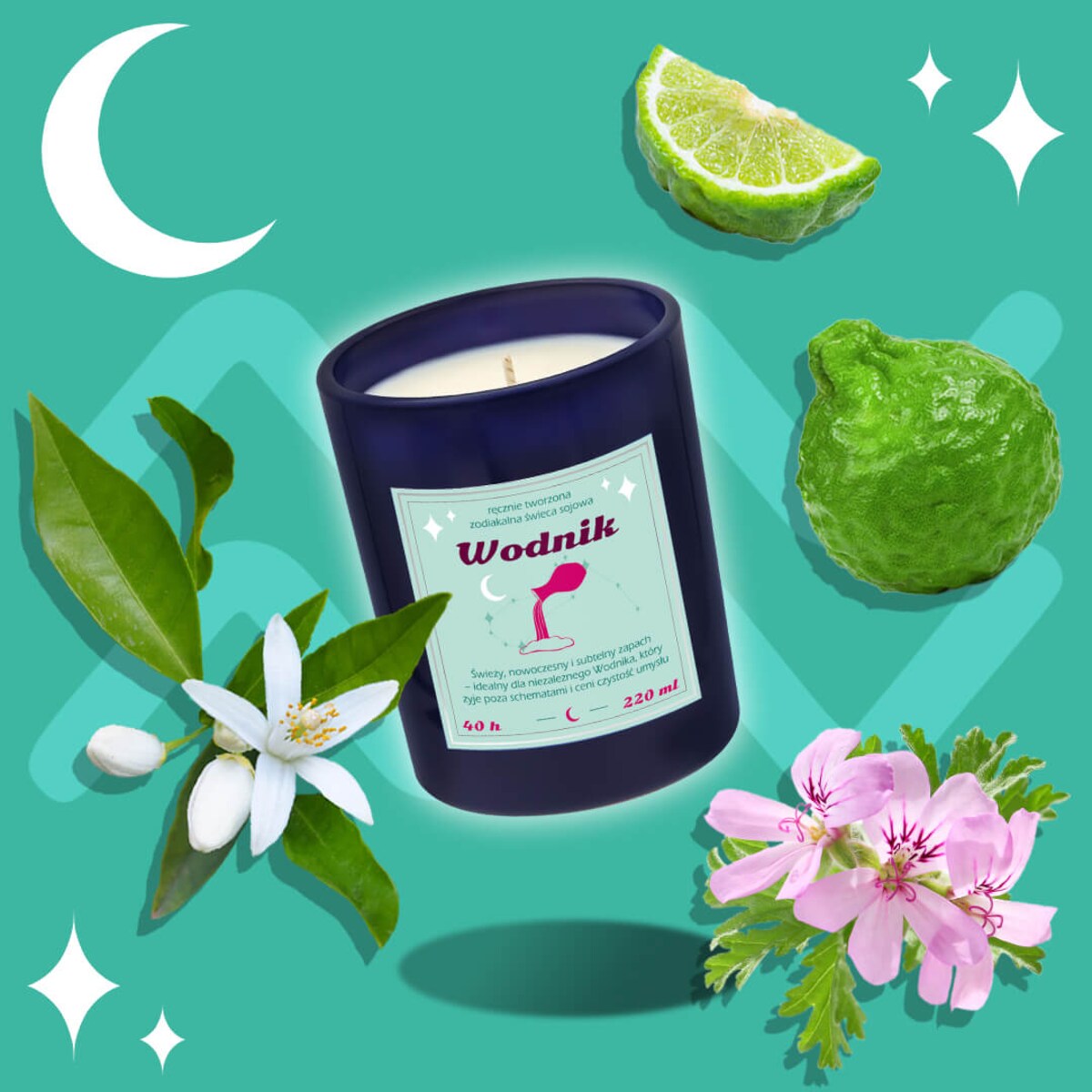 Świeca zodiakalna sojowa naturalna zapachowa WODNIK - bezpieczna, ręcznie robiona w szklanym słoiczku na prezent upominek dla osoby ze znakiem zodiaku WODNIKA