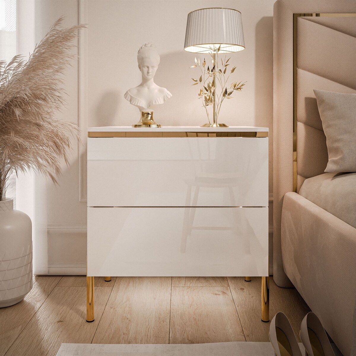 Stolik nocny AURORA II biały połysk nogi proste LED