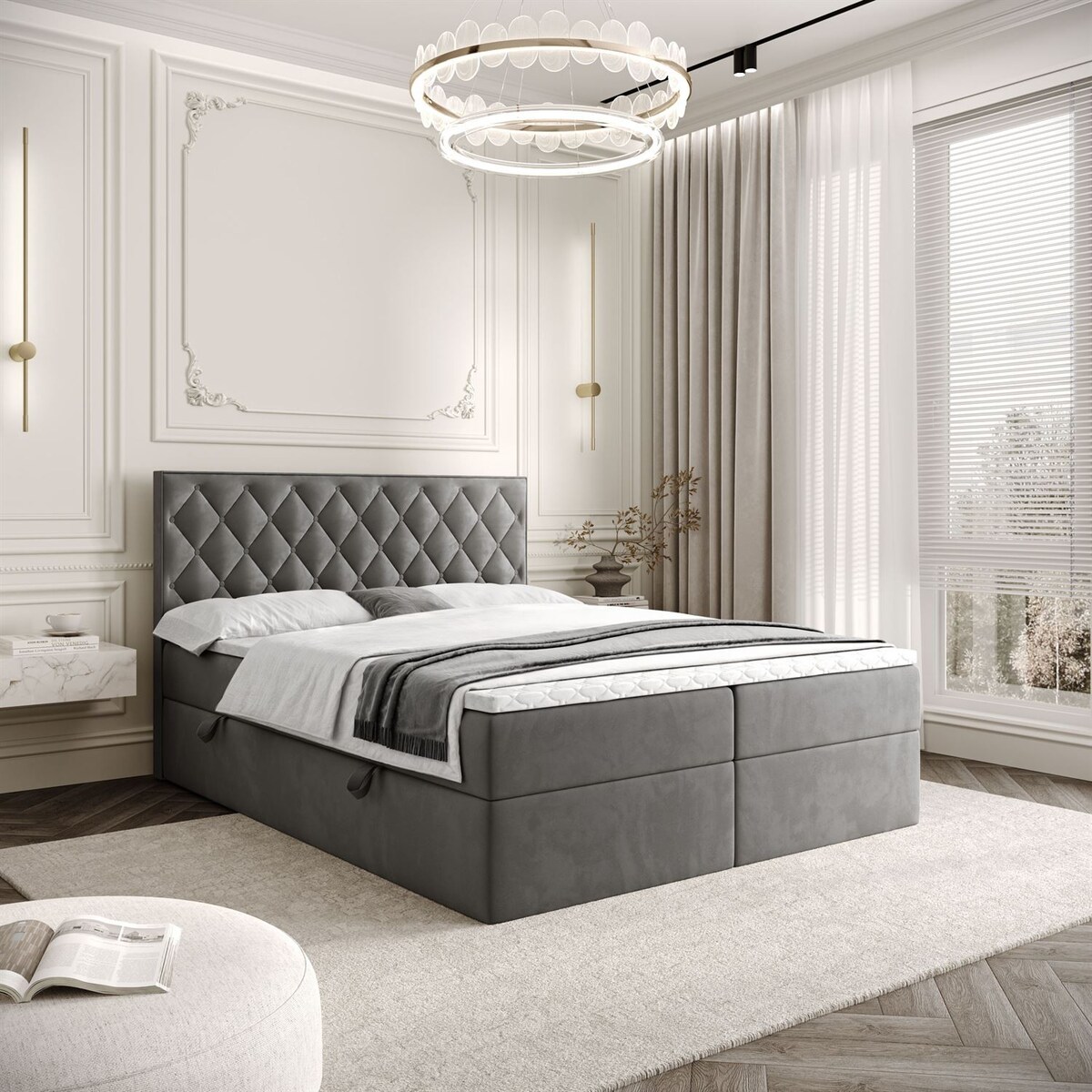 Łóżko kontynentalne INEZ, pojemnik na pościel, 160x200, Royal Velvet 250, topper