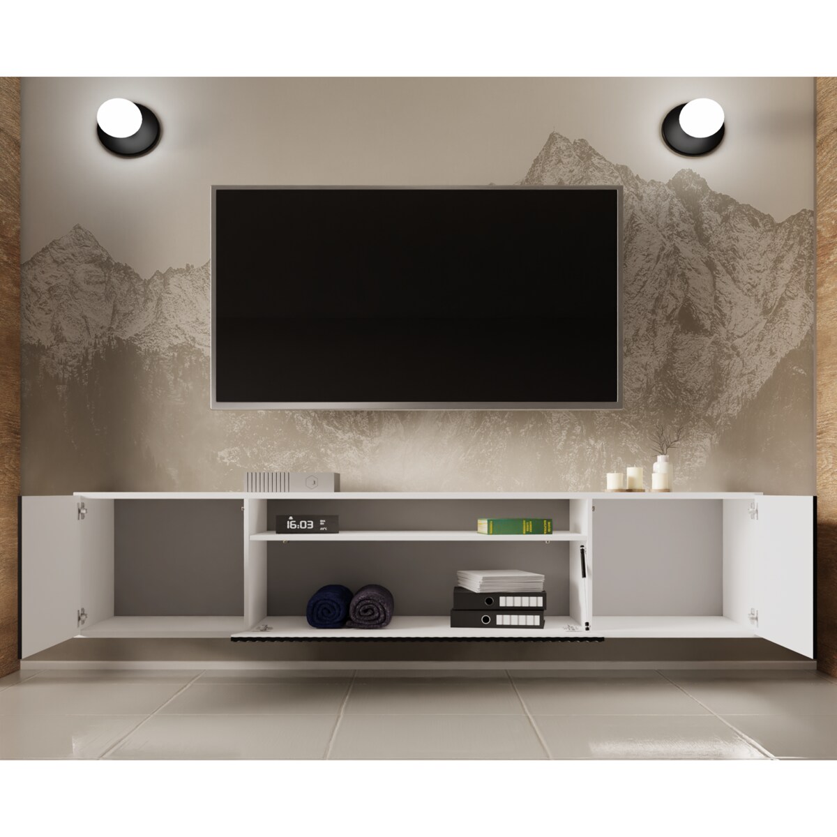 Szafka RTV NOELI, wisząca z ryflowanymi frontami pod telewizor-czarno-biała