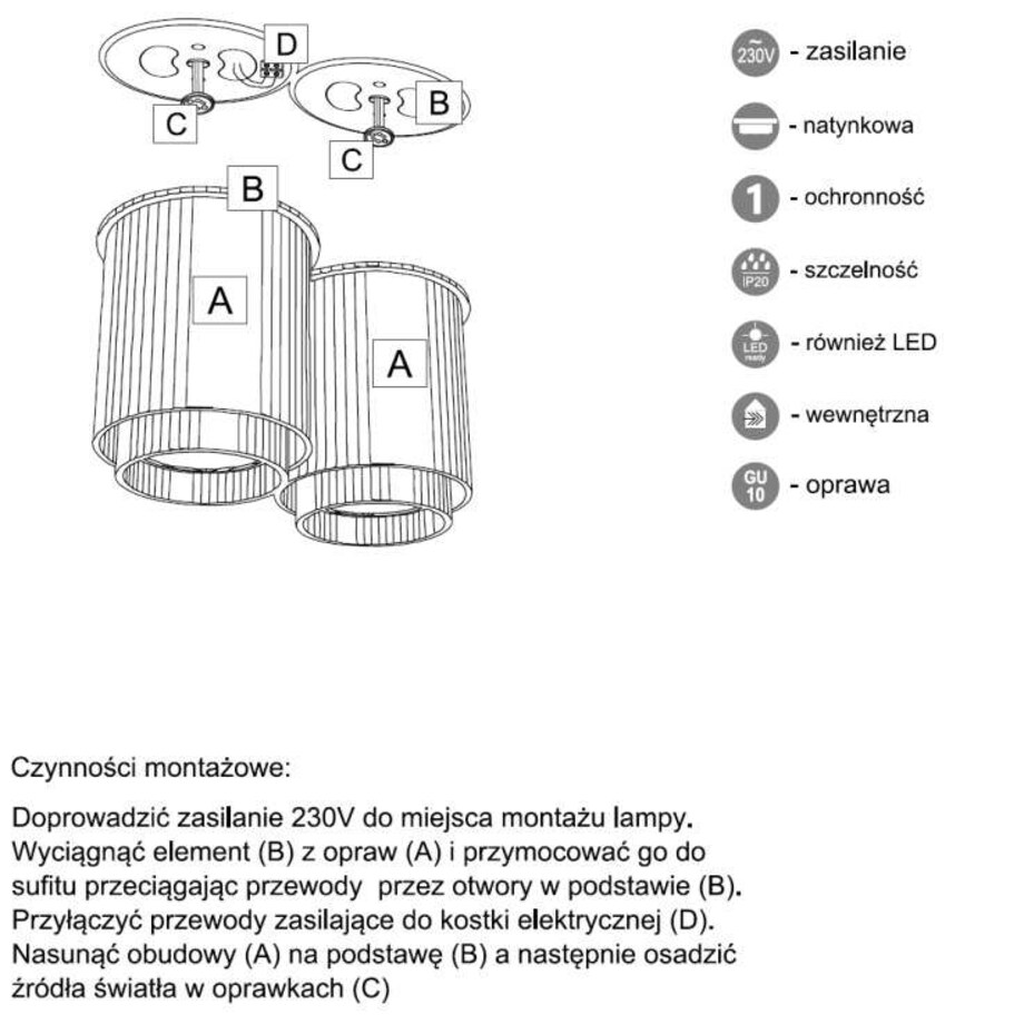 Spot LAMPA sufitowa IGA 1116 Shilo metalowy downlight natynkowe tuby czarne