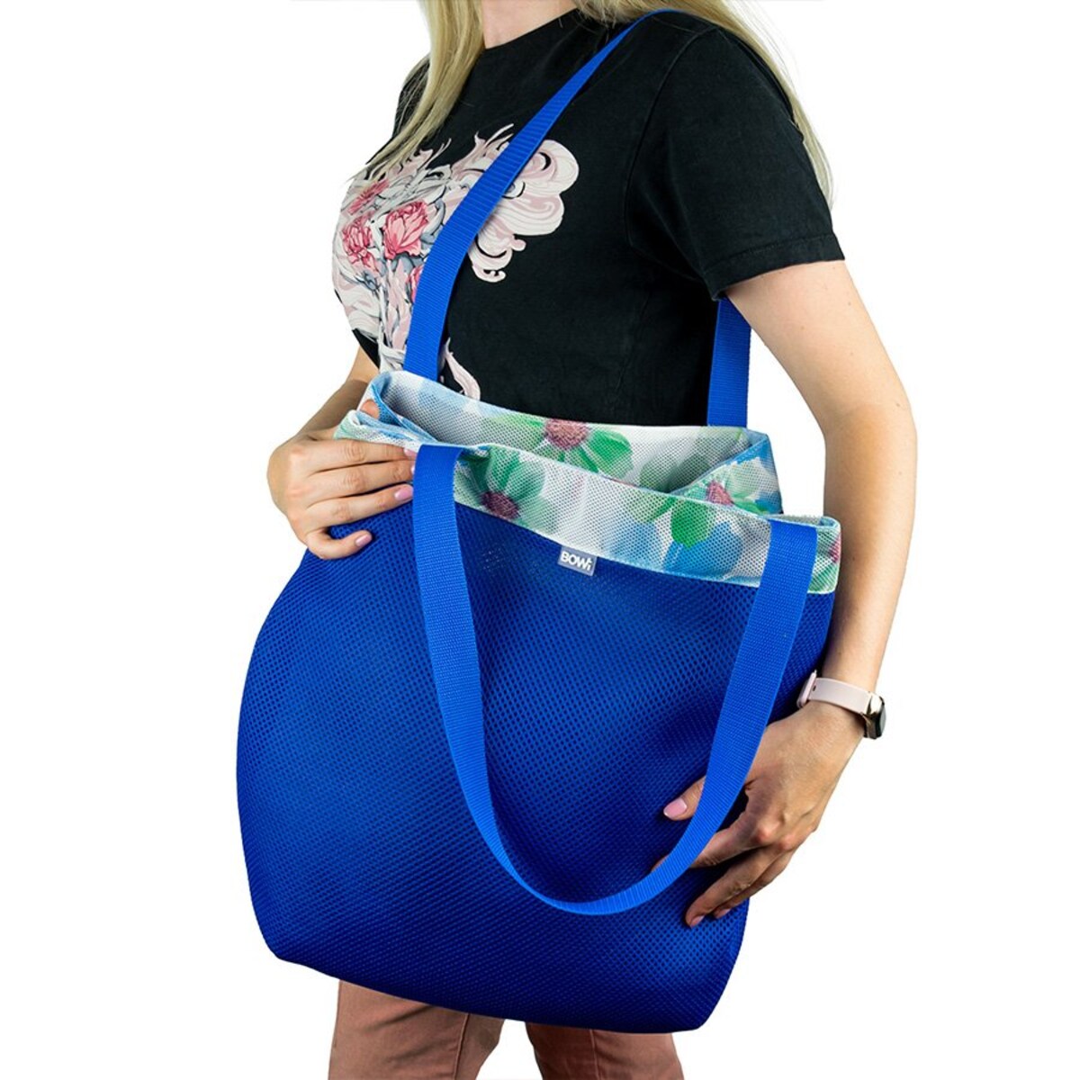 Torba na zakupy niebieska-błękitne kwiaty ze sprzączką