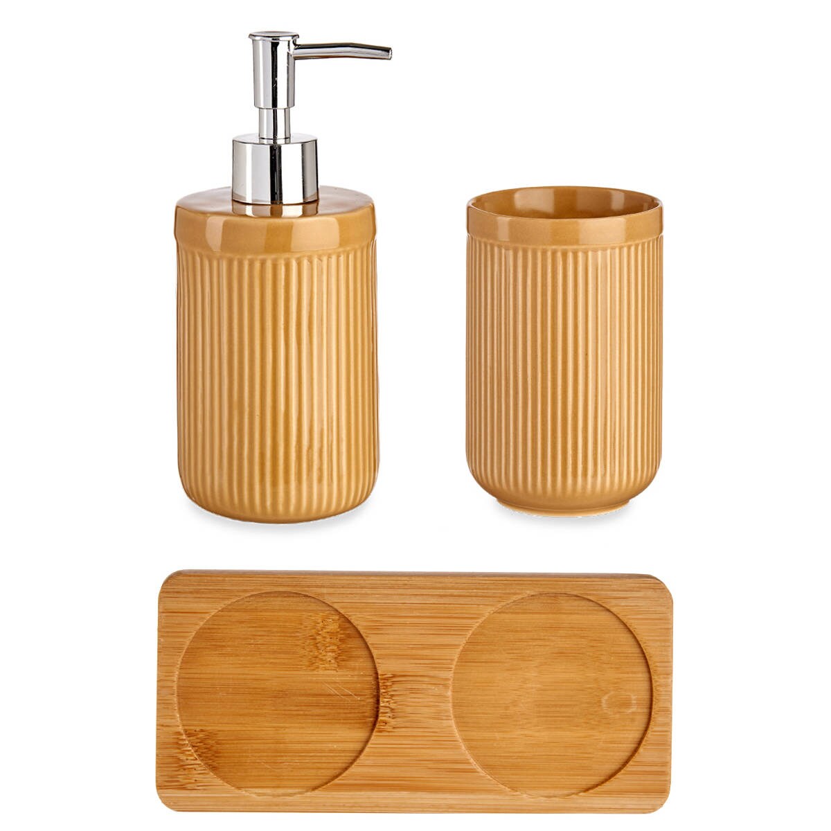 Zestaw łazienkowy ceramiczny na bambusowej podstawce, dozownik + kubek