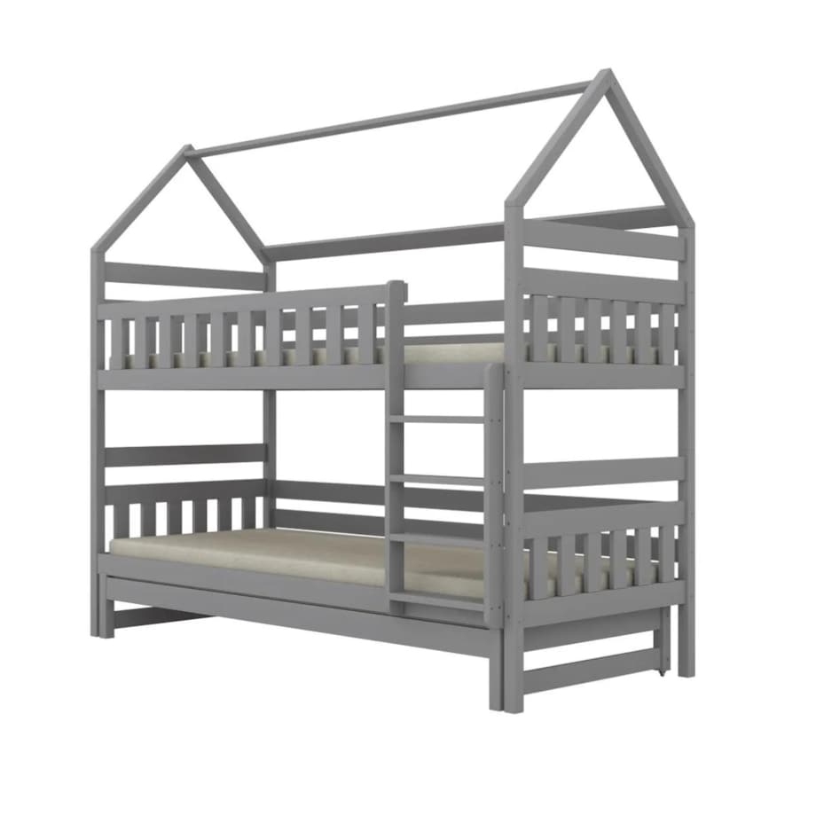 Łóżko piętrowe domek FELIKS 160x80 szare drewniane trzyosobowe