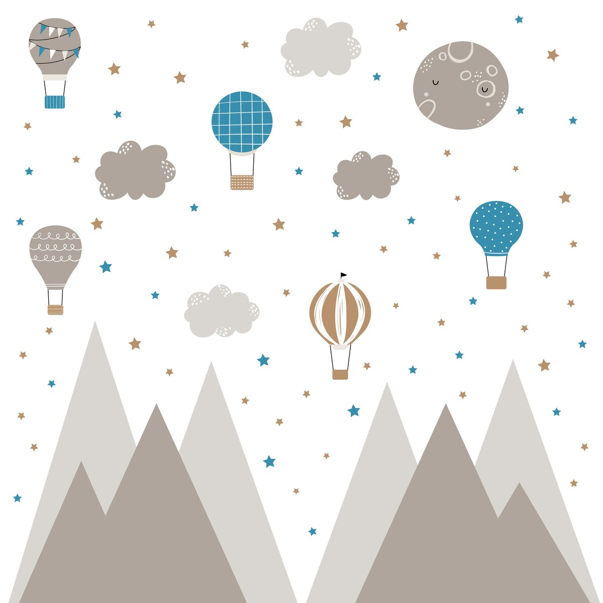 ZESTAW NAKLEJEK DLA DZIECI NA ŚCIANĘ BRĄZOWE GÓRY GWIAZDKI BALONY