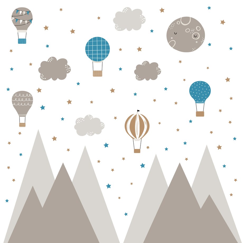 ZESTAW NAKLEJEK DLA DZIECI NA ŚCIANĘ BRĄZOWE GÓRY GWIAZDKI BALONY