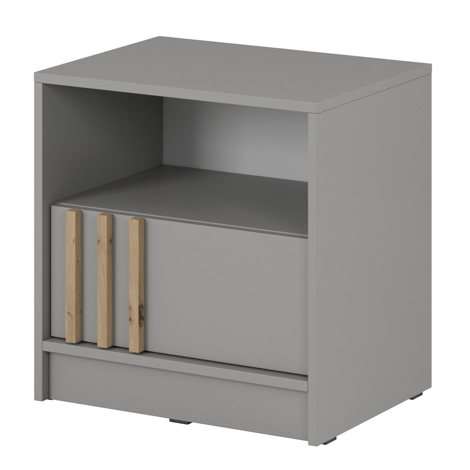 Szafka nocna KELLY z szufladą i półką oraz uchwytem z lameli, Szara