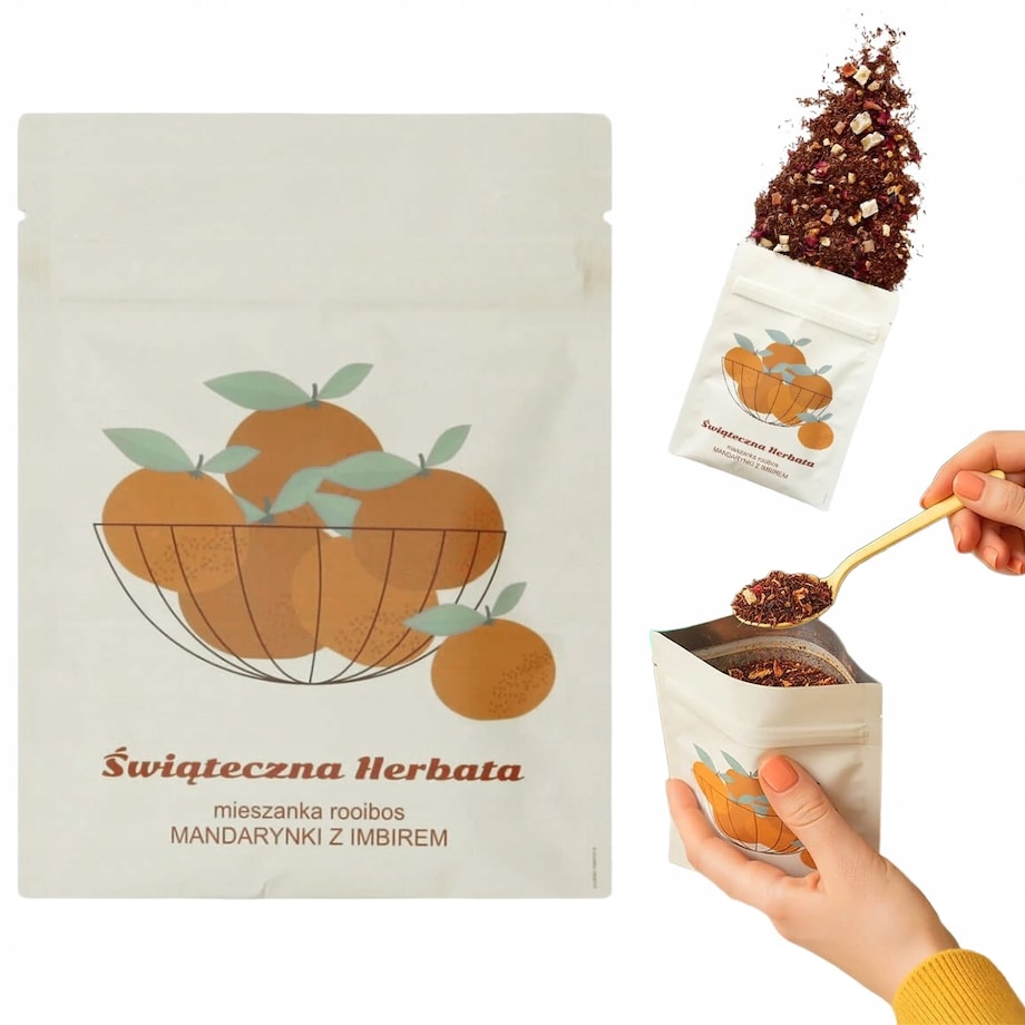 ŚWIĄTECZNA HERBATA SYPANA ROOIBOS Z MANDARYNKAMI I IMBIREM - PREZENT UPOMINEK NA MIKOŁAJA ŚWIĘTA GWIAZDKĘ BOŻE NARODZENIE POD CHOINKĘ DLA KOBIETY FACETA ŻONY MAMY MĘŻA
