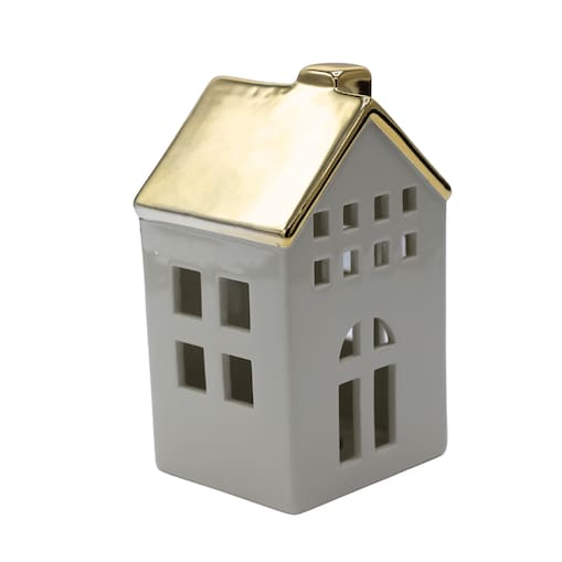 Domek ceramiczny LED, biały ze złotym dachem, 9x8,1x15,1 cm