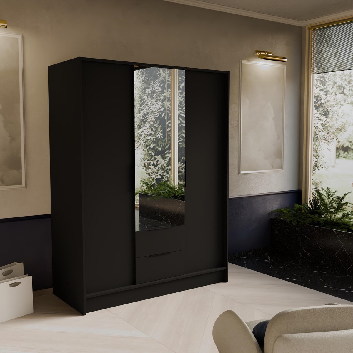 Szafa NIKOLA 150 z lusterem i regulowanymi półkami do przedpokoju -czarna