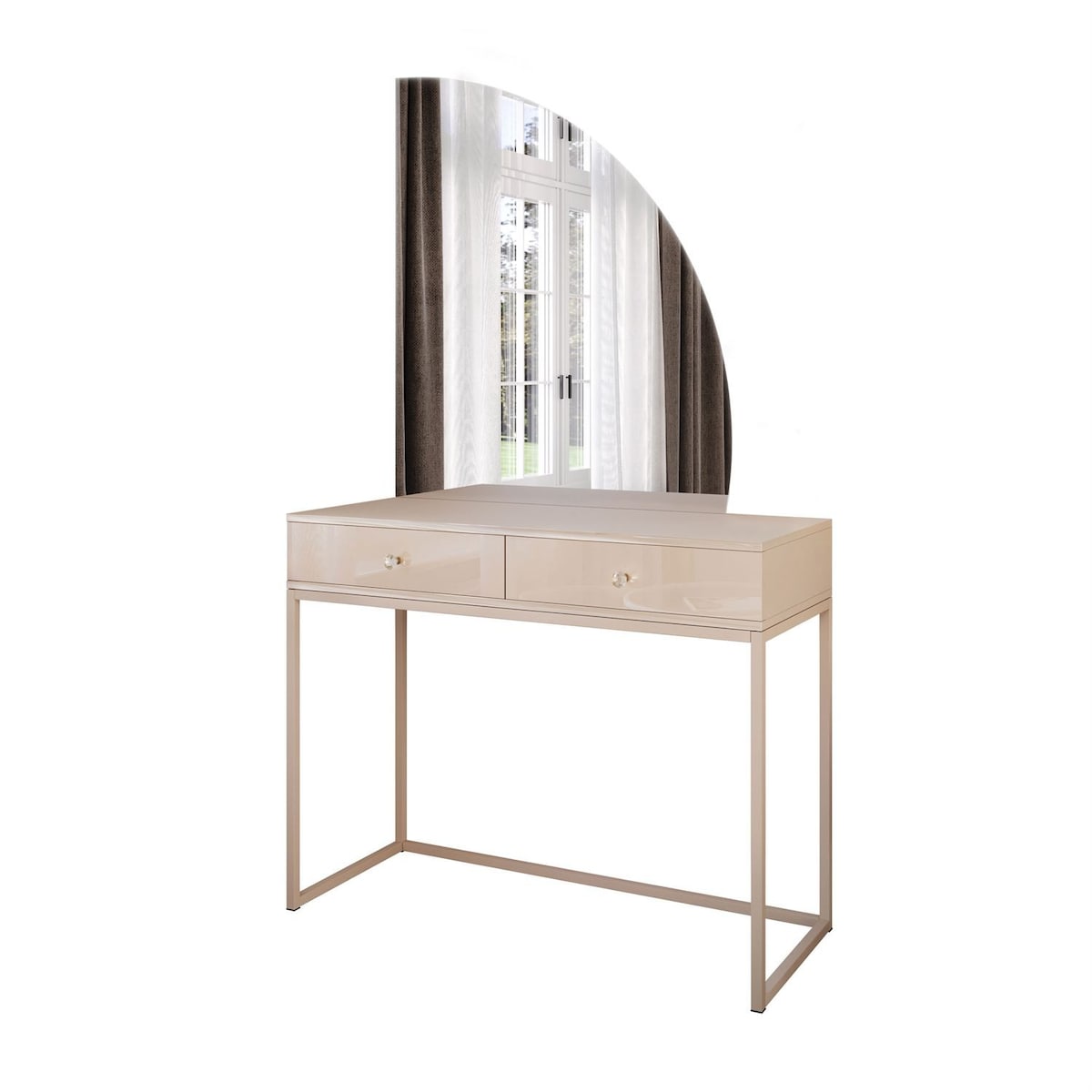 Toaletka kosmetyczna QUINNIE KASZMIR z lustrem LED, złoty chrom, prawa, uchwyt biały kryształ