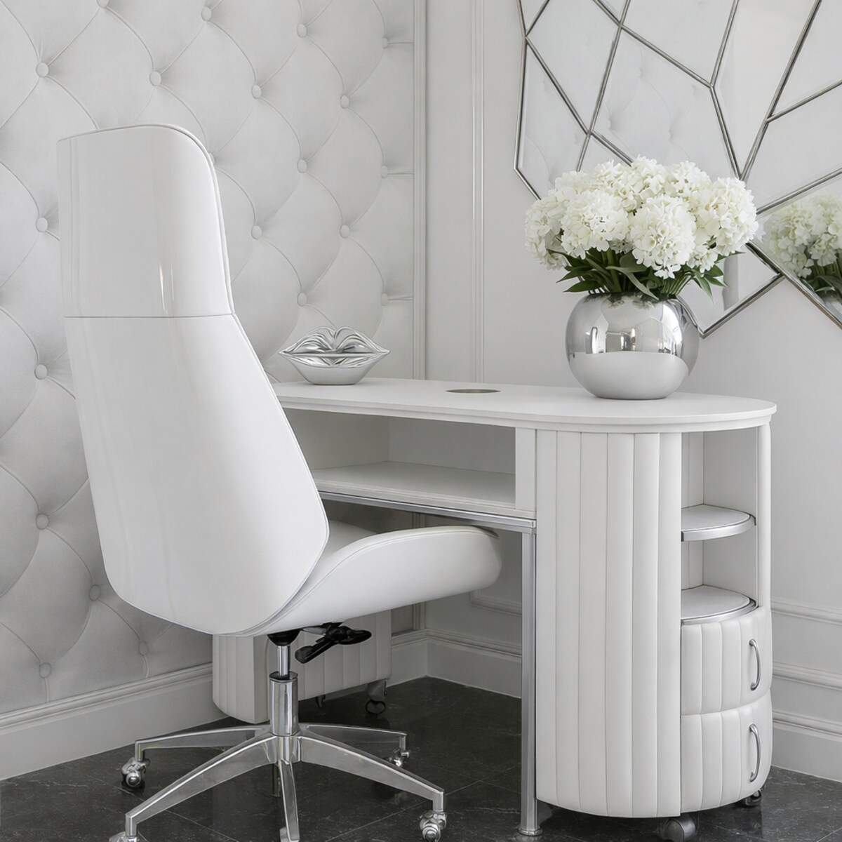 Biurko kosmetyczne z otworem na pochłaniacz biało-srebrne owalne 140 x 45 x 78 AFINIS