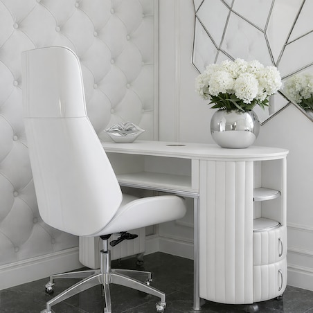 Biurko kosmetyczne z otworem na pochłaniacz biało-srebrne owalne 140 x 45 x 78 AFINIS