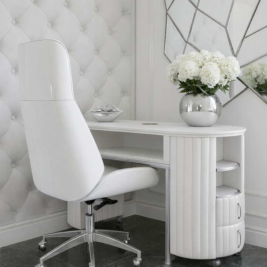 Biurko kosmetyczne z otworem na pochłaniacz biało-srebrne owalne 140 x 45 x 78 AFINIS