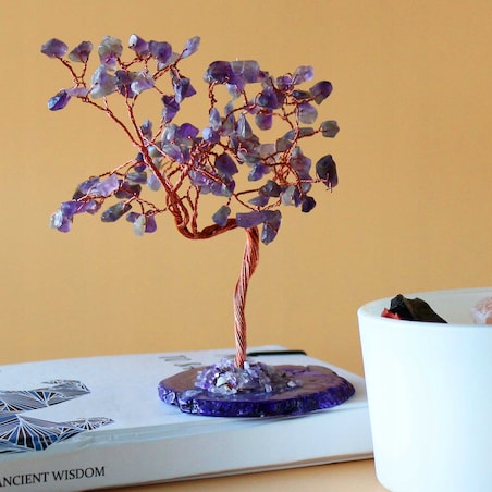 Drzewko SZCZĘŚCIA z Podstawą AGAT 100 Kamieni AMETYST na prezent PUDEŁKO