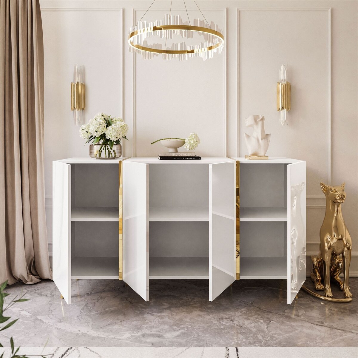 Komoda ONYX 4D 158 cm na złotych nóżkach, biała, push-to-open