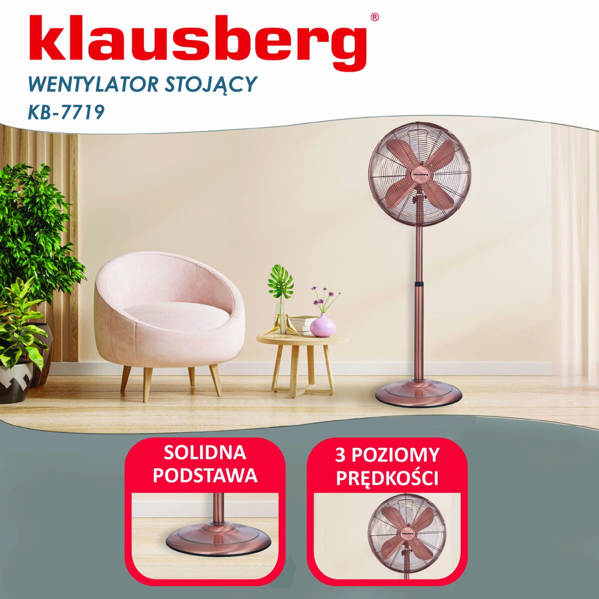 Wentylator stojący podłogowy 40cm 50W metalowy Rose Gold KLAUSBERG