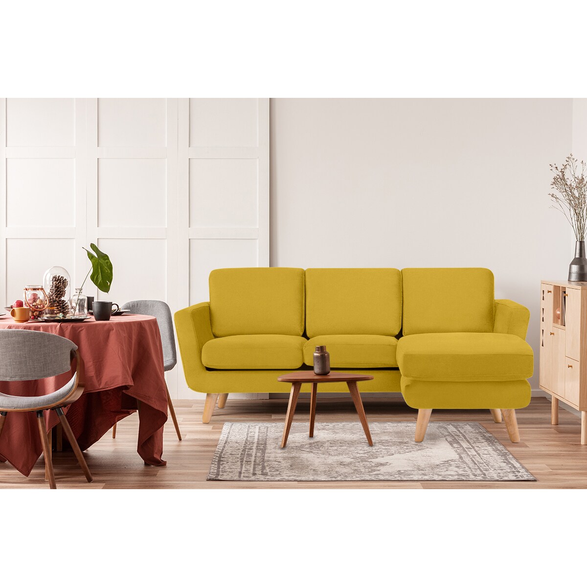 KONSIMO TAGIO Żółty narożnik skandynawski z pufą/ otomaną, prawy