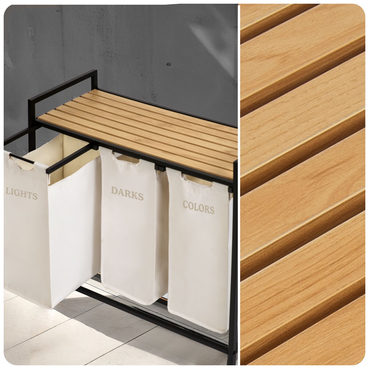 Massido, kosz na pranie 120l z półką trzykomorowy beżowy 92,5x33x72cm