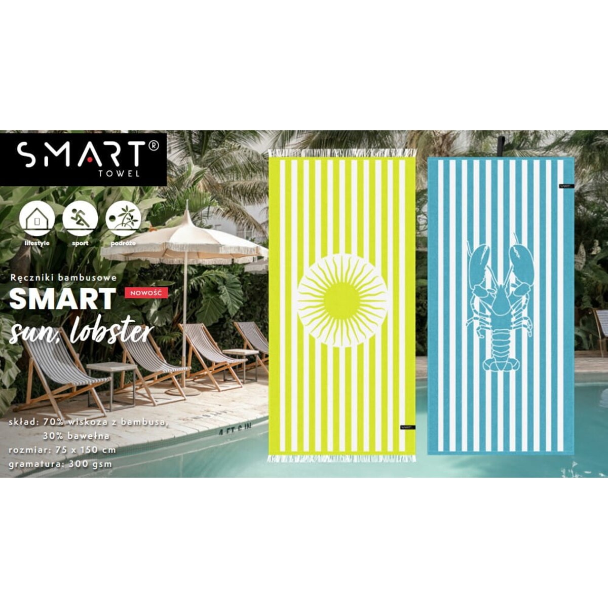 Ręcznik plażowy bambusowy 70x150 cm – niebieski biały lobster homar szybkoschnący cienki