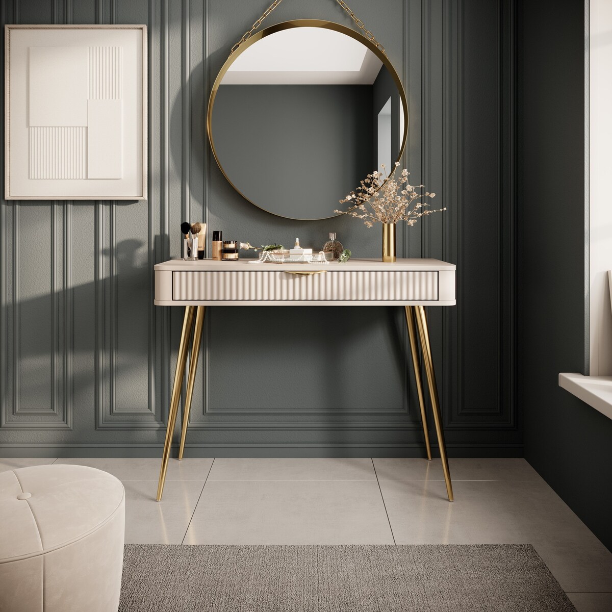 Toaletka, konsola do przedpokoju LENA beżowa + złote nogi