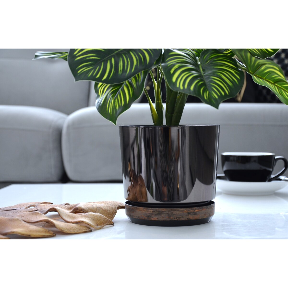 16 Doniczka DUO CZARNA z podstawką RDZAWA KORA dwukolorowa nowoczesna glamour wysoki połysk metaliczna elegancka