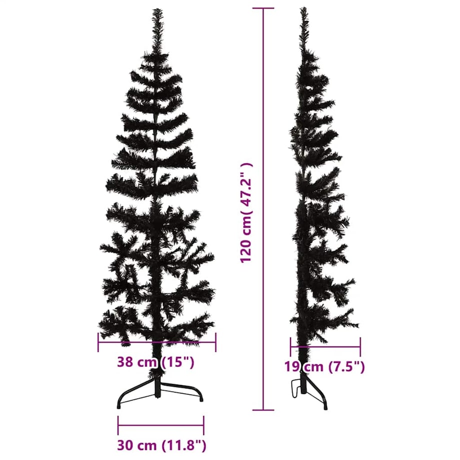 vidaXL Smukła choinka połówka ze stojakiem, sztuczna, czarna, 120 cm