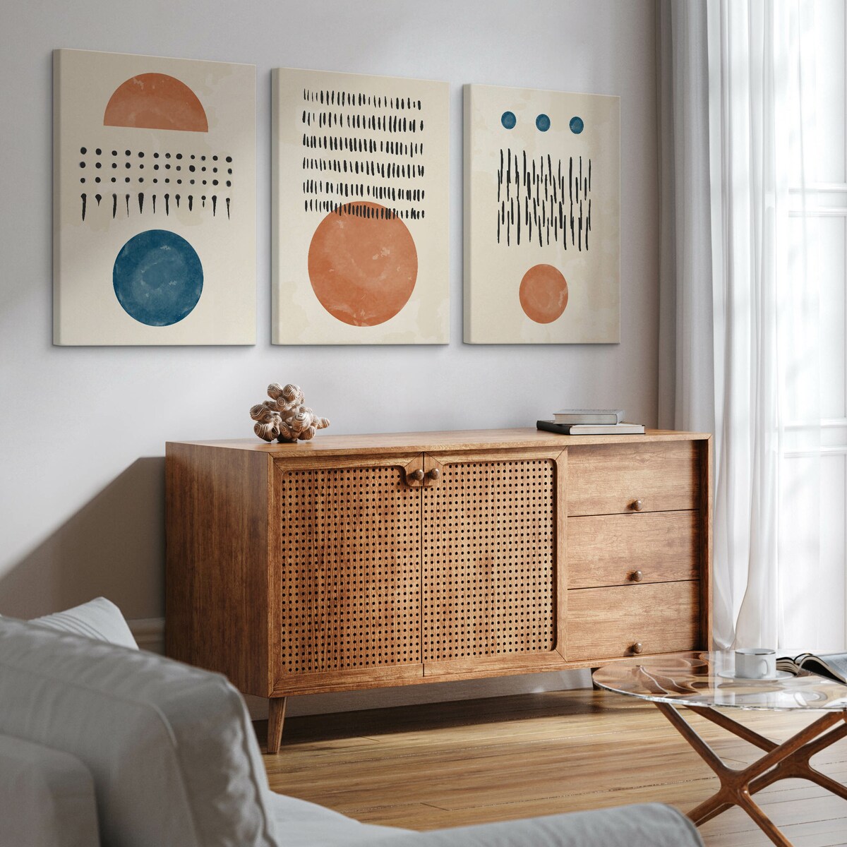 OBRAZY DO SALONU SET AZTECKIE WZORY ABSTRAKCJA STYL BOHO ORNAMENTY 90x40cm