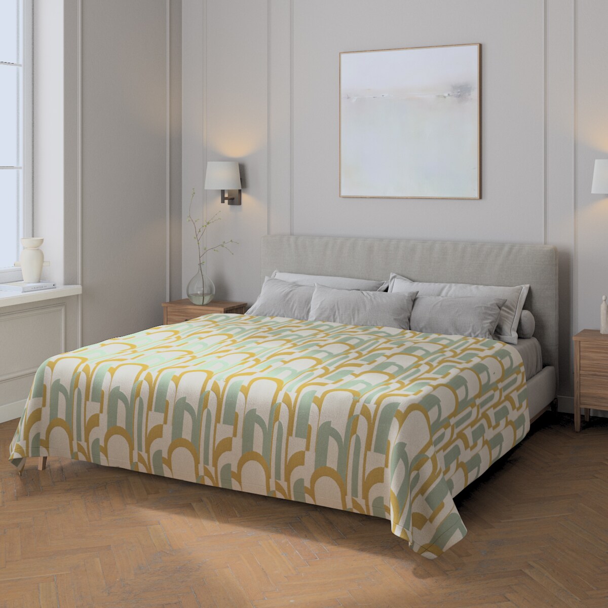 Pled narzuta 220x260cm 220x260 miętowo-żółte wzory na kremowym tle