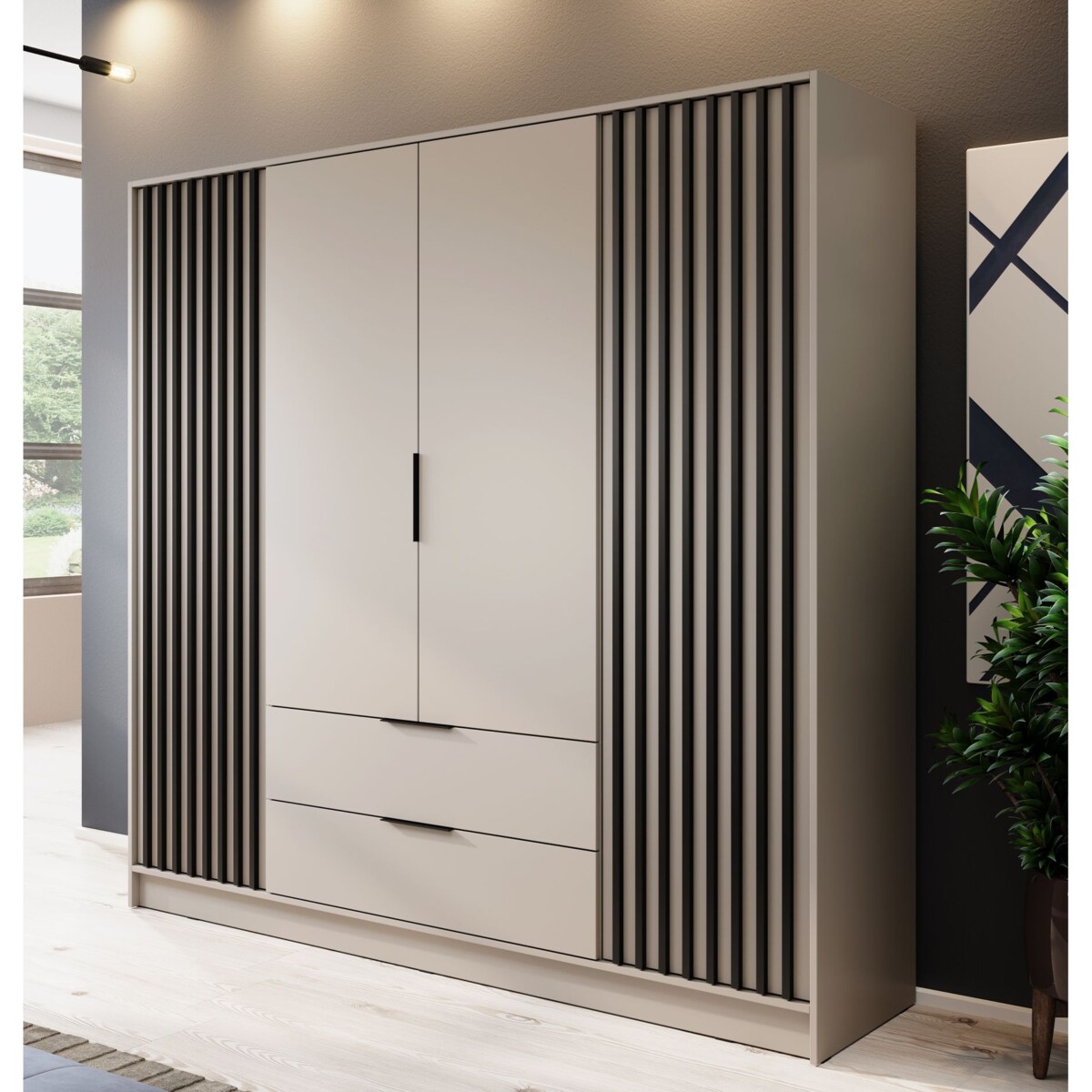 Szafa KELLY czterodrzwiowa z lamelami 206 cm - kaszmir