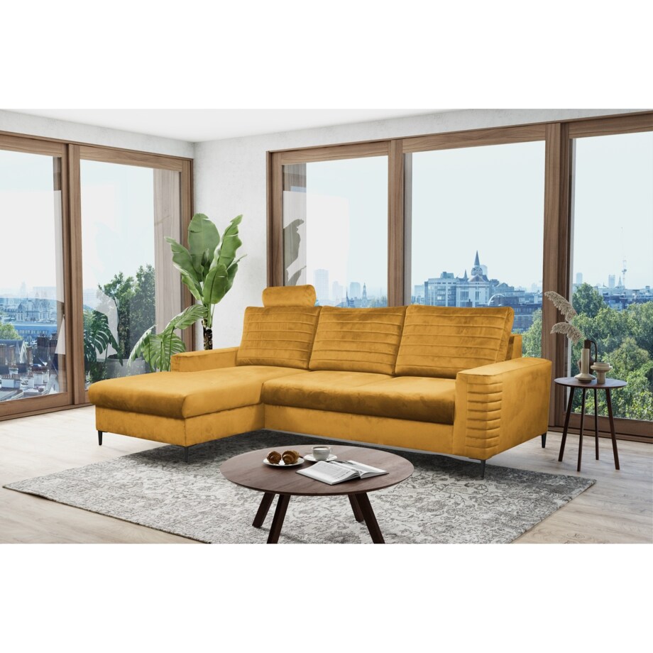 Narożnik rozkładany z zagłówkiem i pojemnikiem OLI lewostronny musztardowy