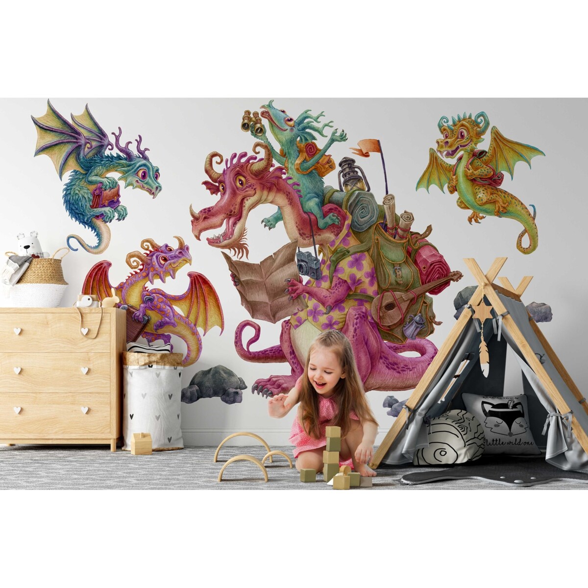 Zestaw naklejek na ścianę, Smoki bajkowa rodzina, 60cm