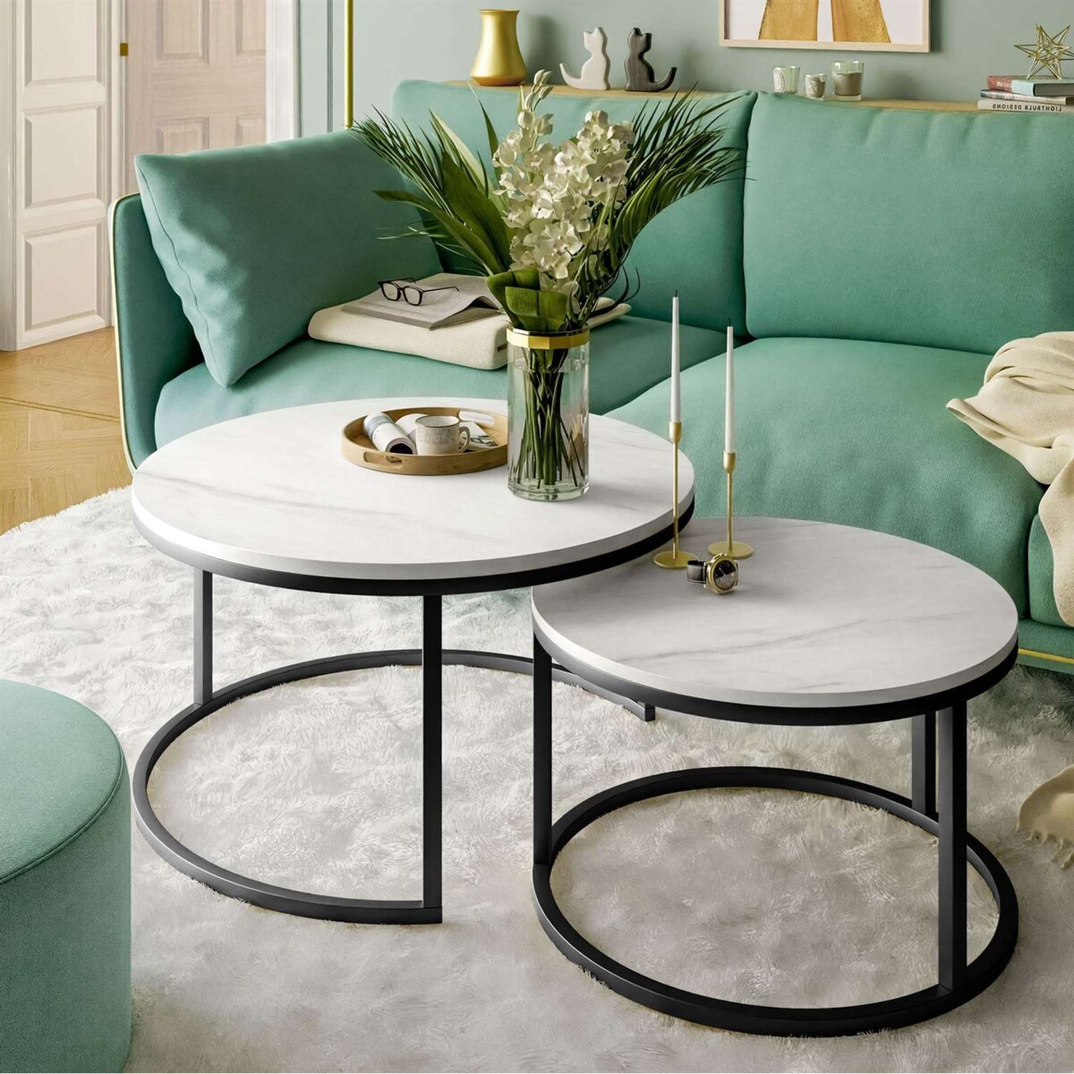 Okrągły stolik kawowy CIRI 2w1 czarny marmur levanto 60/80 cm