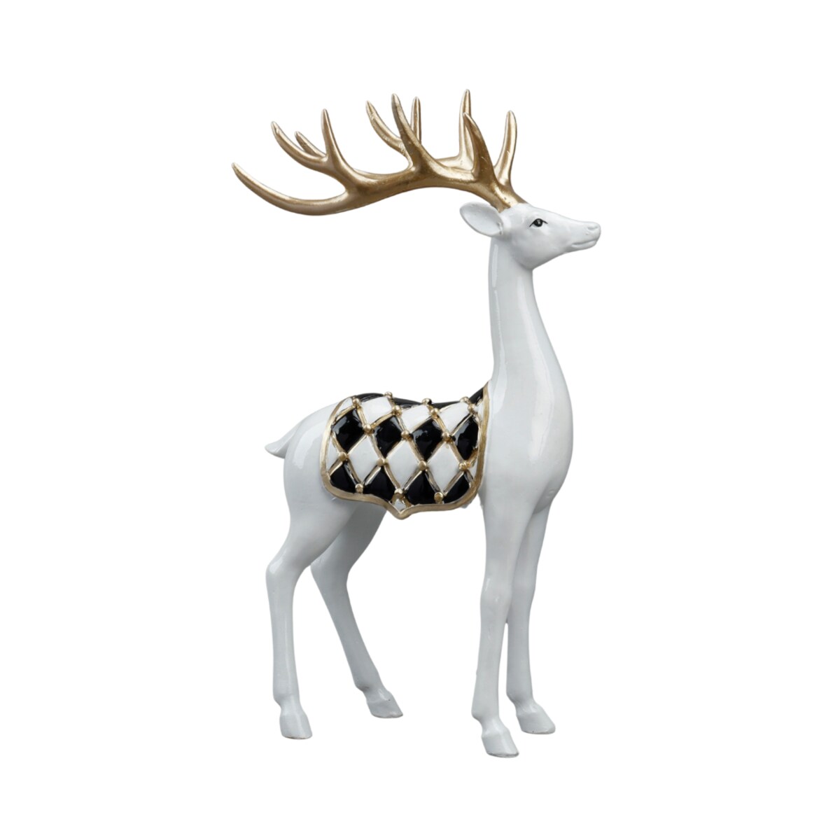 Figurka - stojący jeleń biały 32,7x18,2x8,5 cm BOLLERO z derką w szachownicę