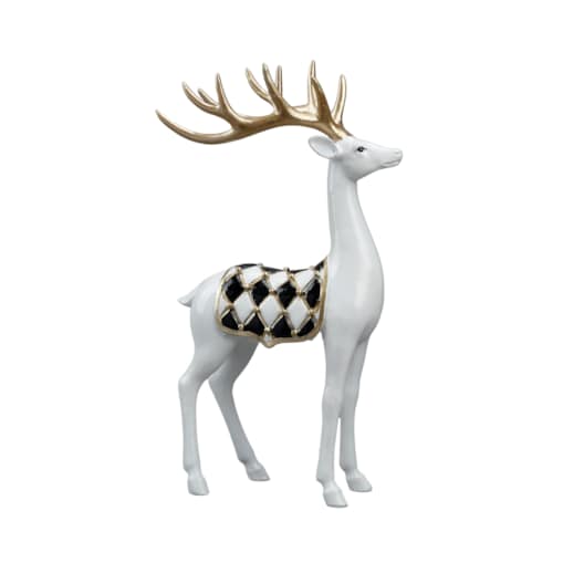 Figurka - stojący jeleń biały 32,7x18,2x8,5 cm BOLLERO z derką w szachownicę