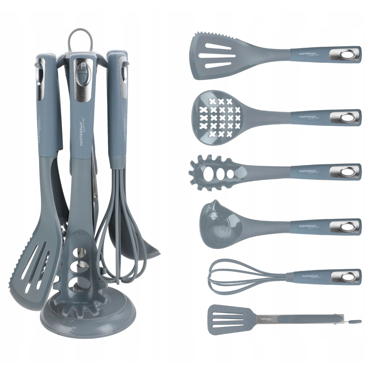 Zestaw Przyborów Kuchennych 7 El. Komplet Łyżka Trzepaczka Szczypce Stojak