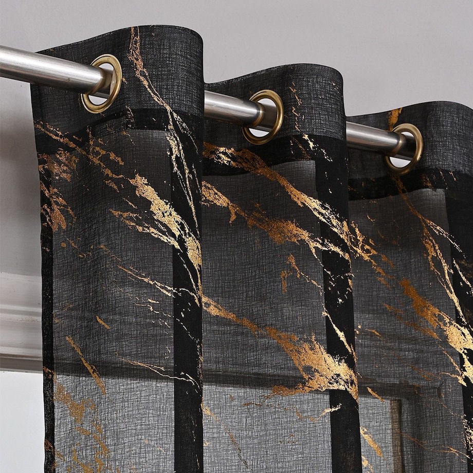 firana z etaminy "marmur" złoty print 140x250 cm czarna