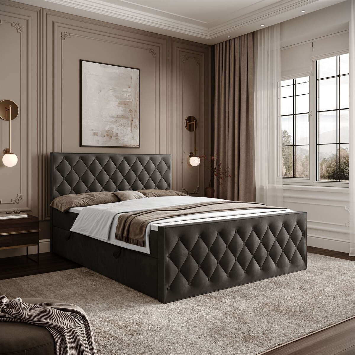 Łóżko kontynentalne INEZ II, pojemnik na pościel, 140x200, Royal Velvet 185, topper