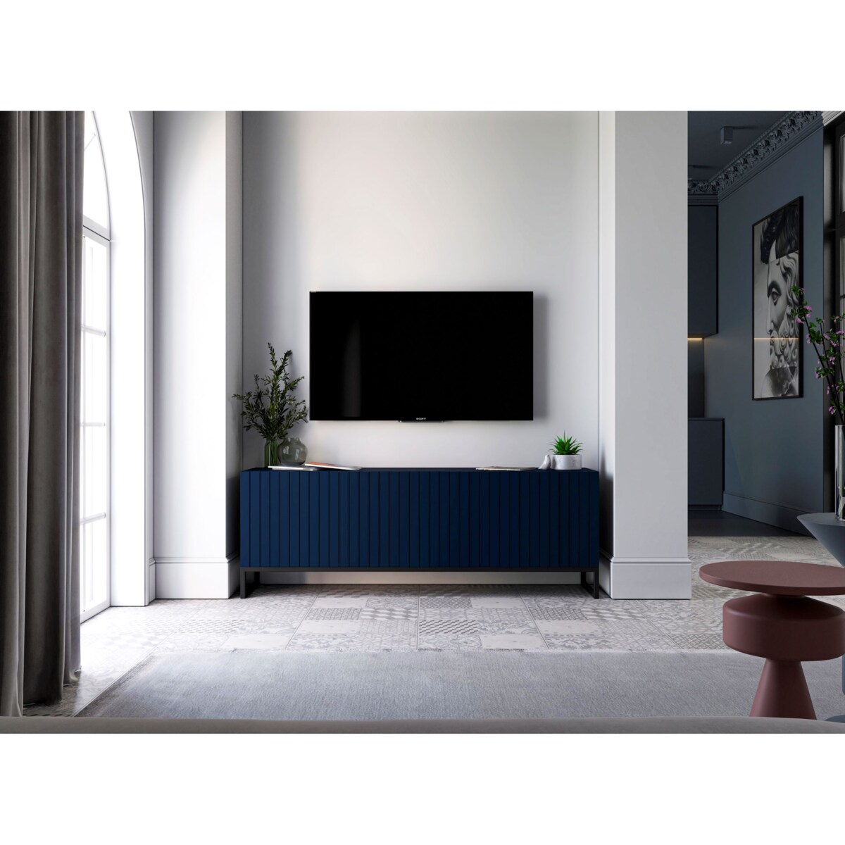 Szafka RTV Glamour Granatowy Mat Komoda RTV Loft Rama Czarna 150 cm Ryflowane fronty