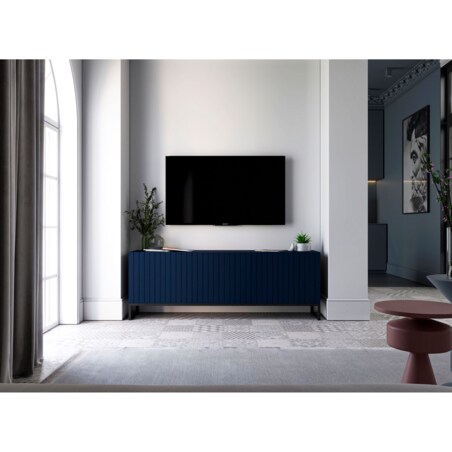 Szafka RTV Glamour Granatowy Mat Komoda RTV Loft Rama Czarna 150 cm Ryflowane fronty