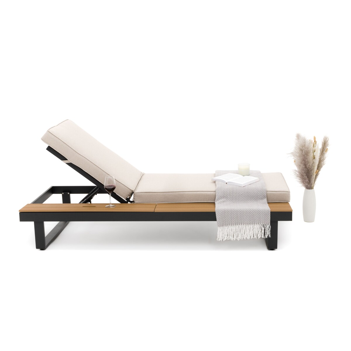 Leżak ogrodowy tarasowy z podnoszonym stolikiem aluminiowy ATOL beżowy