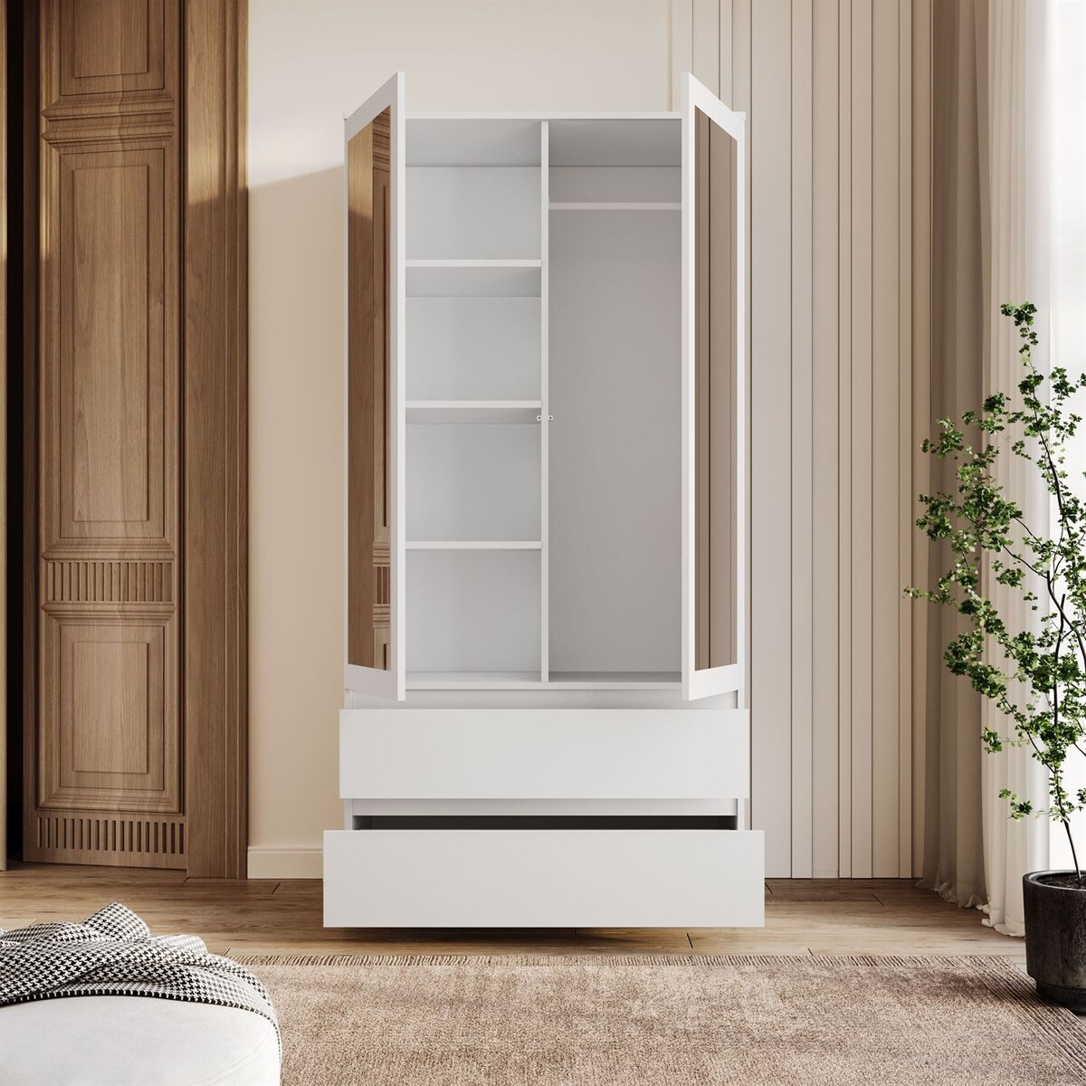 Dwudrzwiowa szafa HANA SS-90 z lustrem, biała