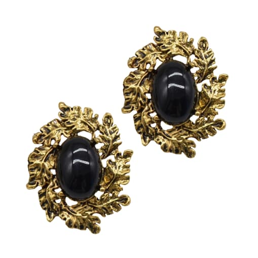 Kolczyki EFEKTOWNE ze złotymi listkami wianuszek CZARNY koralik modne
