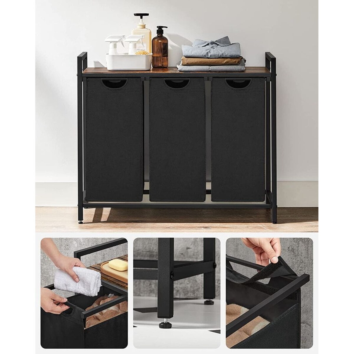 Szafka Łazienkowa / Kosz 92,5X33X71 Cm Rustykalny Brąz, Czarny