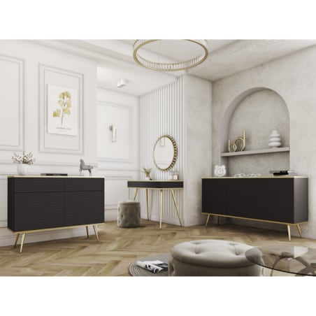Komoda 160 POLO na wysokich złotych nożach, ryflowane fronty, czarna