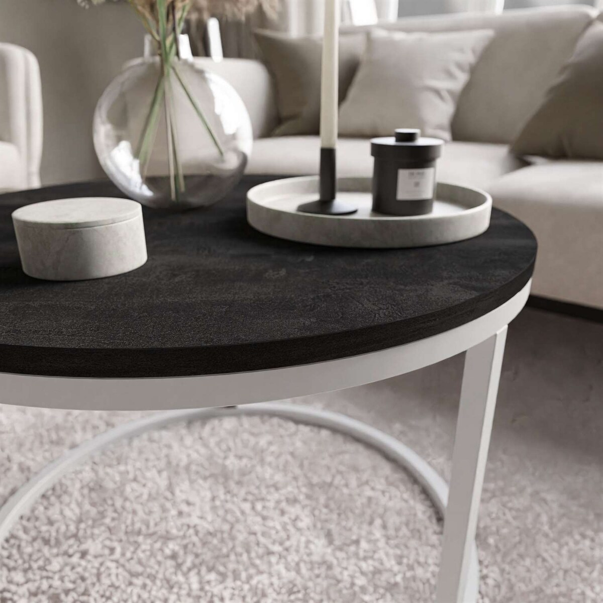 Okrągły stolik kawowy CIRI biały ciemny beton