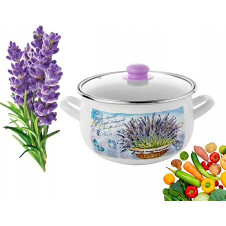GARNEK EMALIOWANY pleszew 22 cm 5,3 L do gotowania zupy obiad LAWENDA dekor
