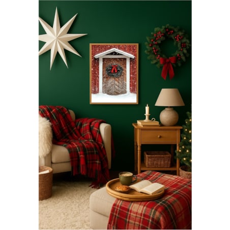 Poster Story, Plakat, Obraz - Zielony Wieniec na Tle Czerwonych Drzwi, wymiary 21 x 30 cm