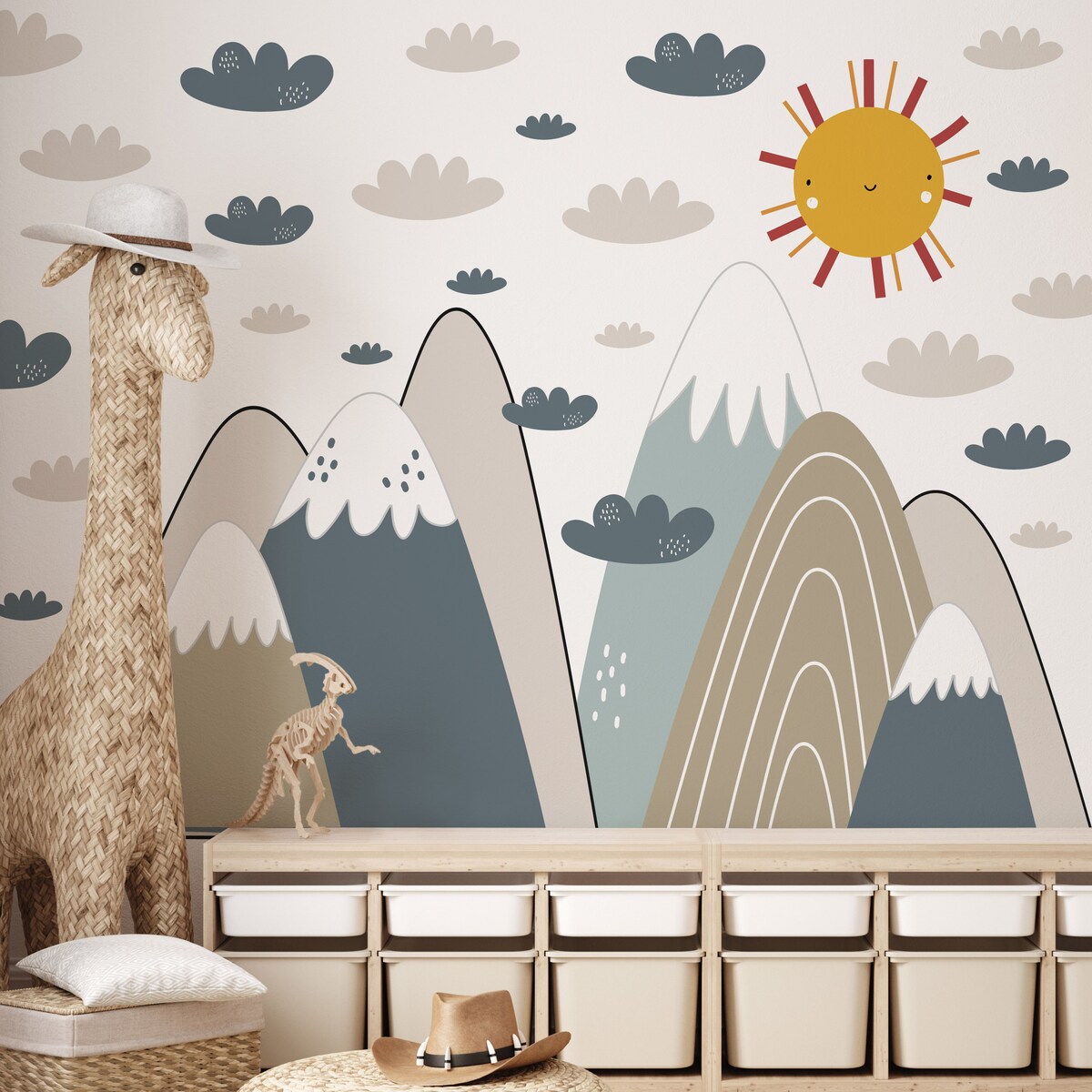 ZESTAW NAKLEJEK DLA DZIECI NA ŚCIANĘ BEŻOWE GÓRY CHMURY